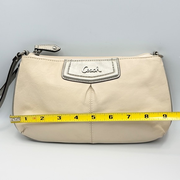 Coach Ivory Pearl Leather Wristlet Small Mini Bag Silver Metallic Trim Pleated - Picture 6 of 9